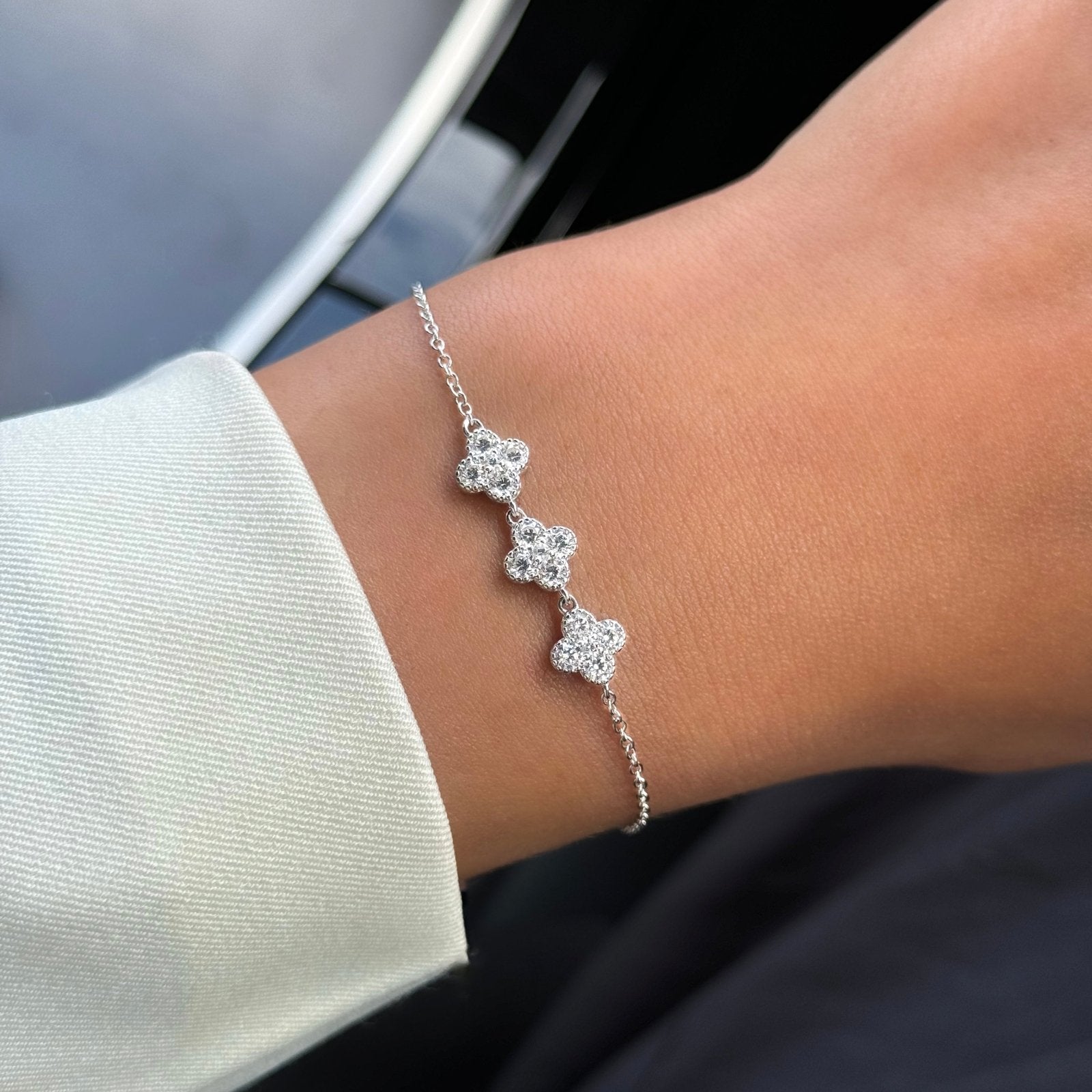 Sterling Silver Maeve Pavé Clover Bracelet - Luxe Emporium x
