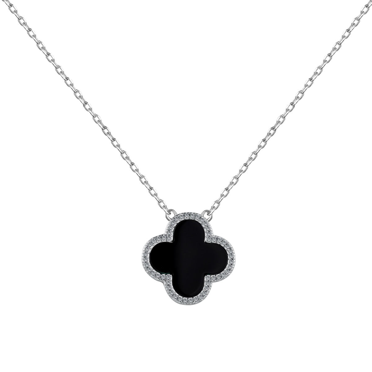 Sterling Silver Aura Black Onyx Clover Necklace