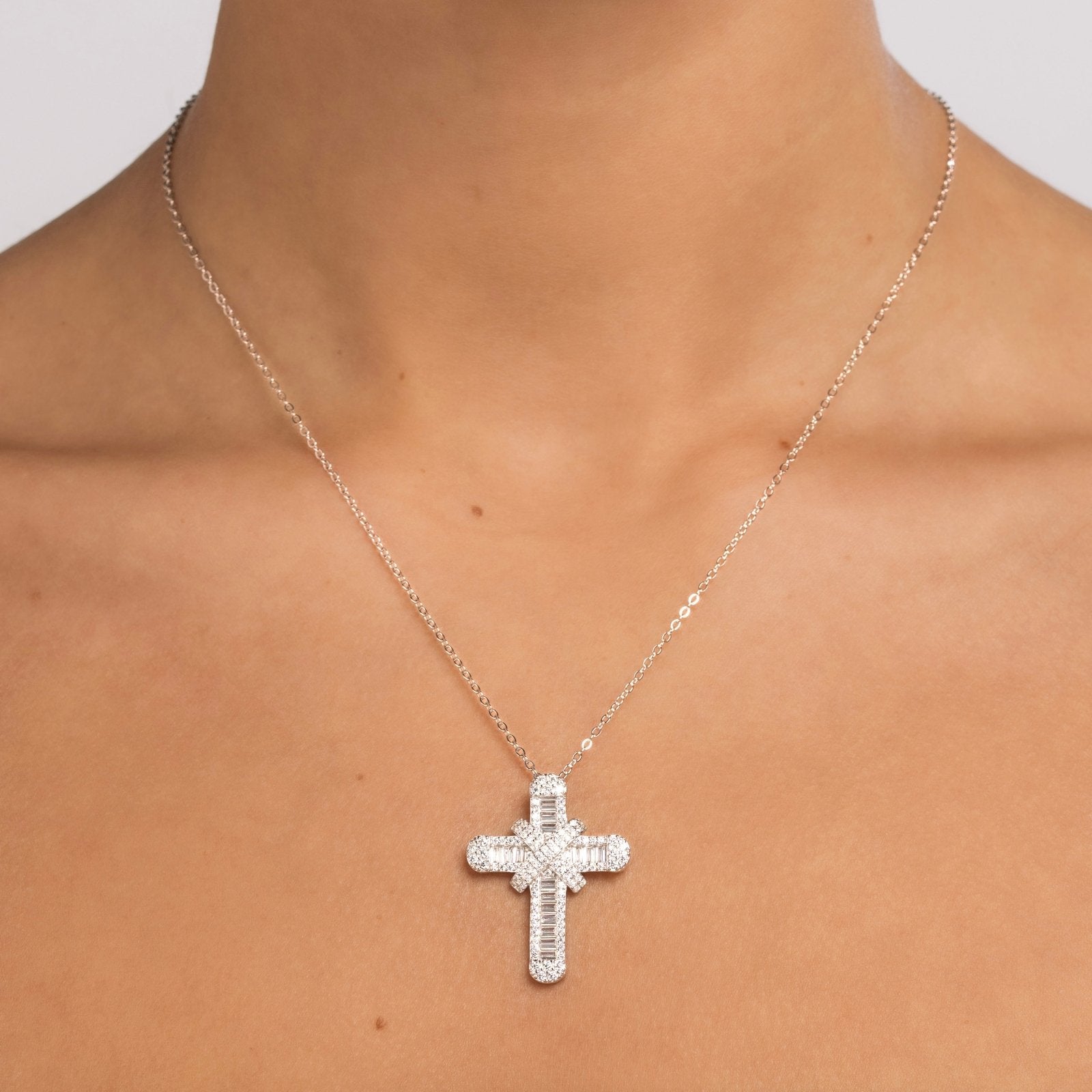 Sterling Silver Baguette Cross Pendant Necklace - Luxe Emporium x