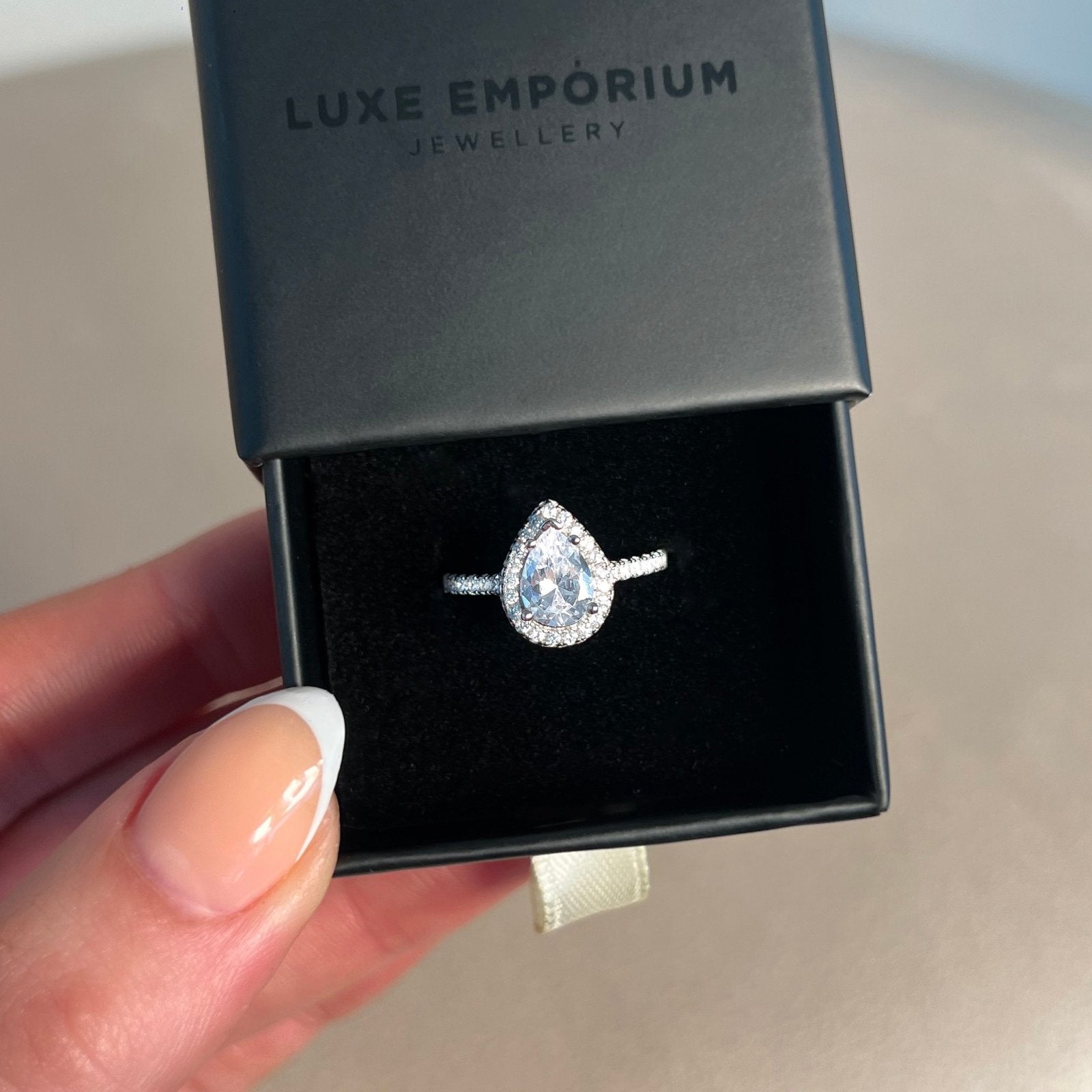 Sterling Silver Pear Halo Aurora Ring - Luxe Emporium x