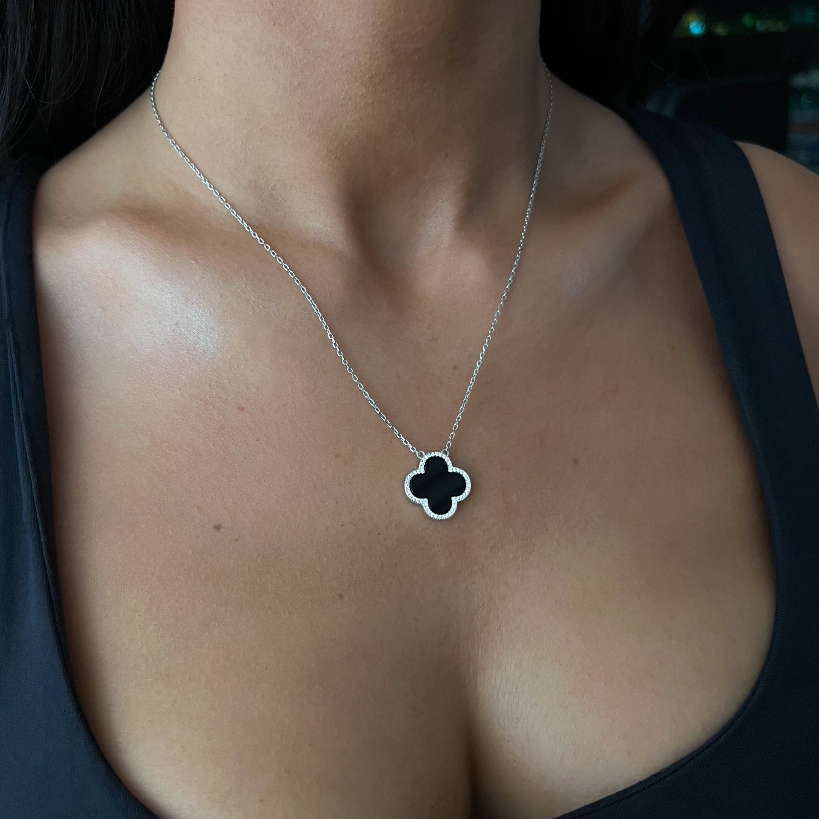 Sterling Silver Aura Black Onyx Clover Necklace - Luxe Emporium x
