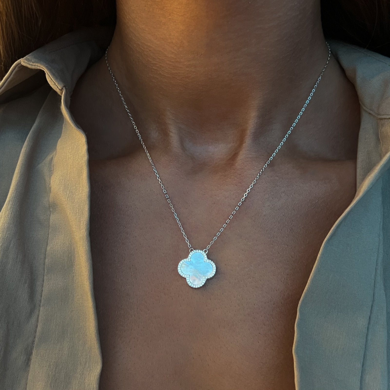 Sterling Silver Aura White Iced Clover Necklace - Luxe Emporium x