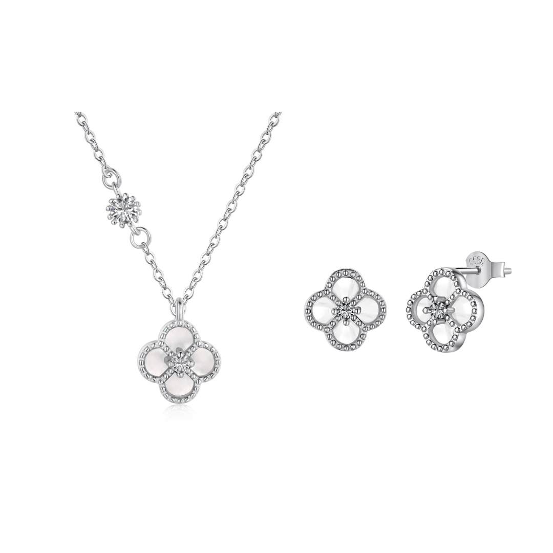 Sterling Silver White Clover Necklace and Earring Set - Luxe Emporium x